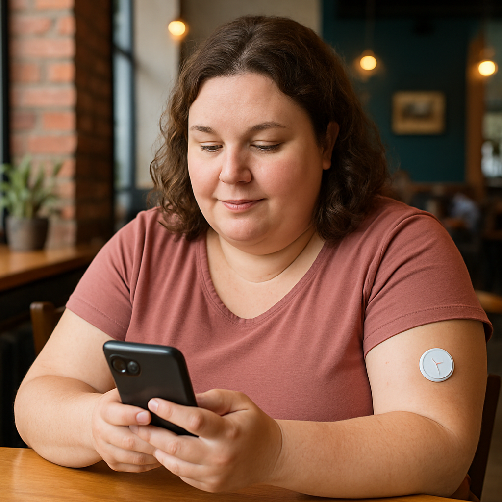 Create a photo of chubby 40 year old woman with CGM on arm on a resto using phone-1