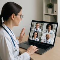 Create an image of a healthcare professional on a webinar with other healthcare professionals
