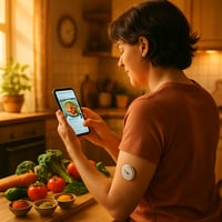 In a cozy kitchen bathed in warm golden light a person with diabetes sporting a sleek continuous glucose monitor on their arm is focused on their smartphone scrolling through a vibrant recipe The countertop is adorned with fresh vegetables and colorf
