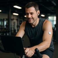 create an image of 40 year old man watching video online while exercising The man should show CGM glucose mionitor on his arm while working out at gym-1 create an image of 40 year old man watching video online while exercising The man should show CGM glucose mionitor on his arm while working out at gym-1